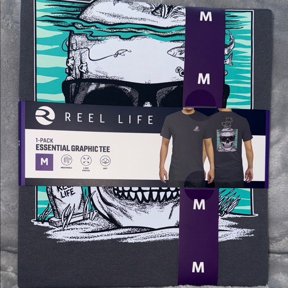 Reel Life Men's Short Sleeve Graphic Tee - Charcoal with Teal Accent